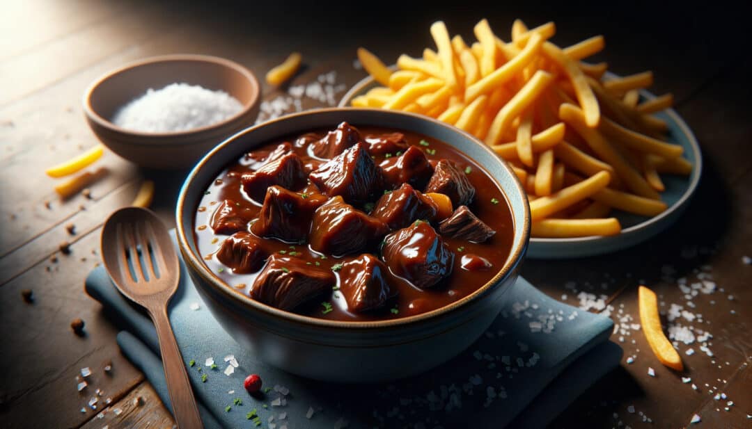 Photo-realistic image of a bowl filled with belgian stoofvlees, a rich and flavorful beef stew made with beer. The meat is tender and immersed in a dark, savory sauce, reflecting the deep flavors of the beer. Beside the bowl, there's a plate of crispy fries, golden-brown and perfectly salted. The lighting in the scene casts natural shadows, emphasizing the texture of the stew and the crispiness of the fries. The colors are vibrant, capturing the deep brown of the stoofvlees and the golden hue of the fries. Every element in the image blends seamlessly, offering a true representation of this classic belgian dish.