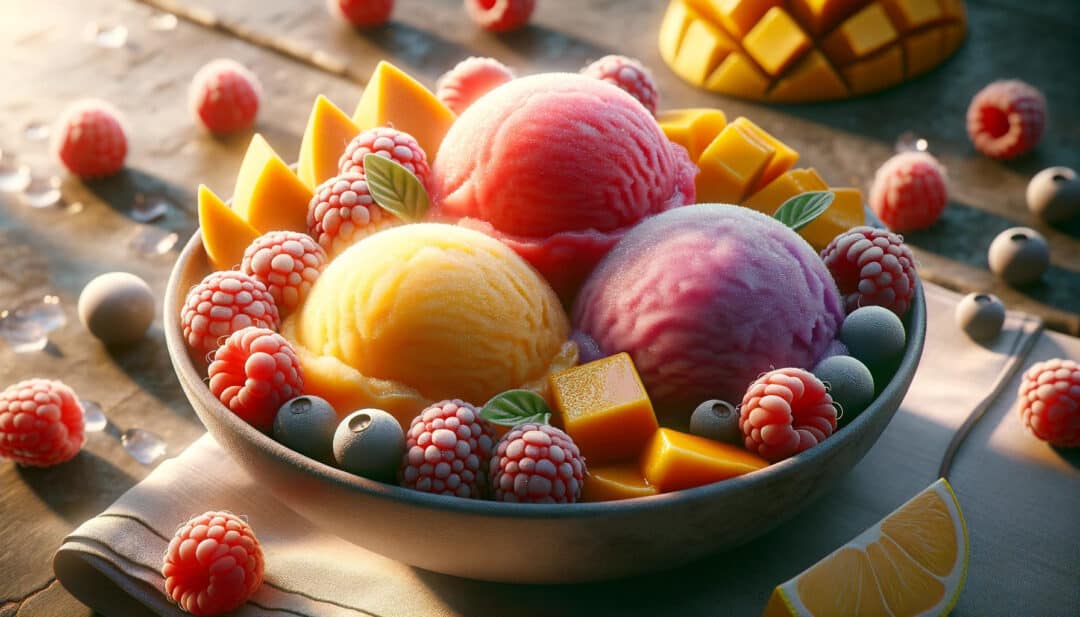 A bowl filled with scoops of fruit sorbets, including mango, raspberry, and lemon. The sorbets glisten with a slight melt, and fresh fruit slices garnish the bowl. The scene is set on a sunny outdoor table.