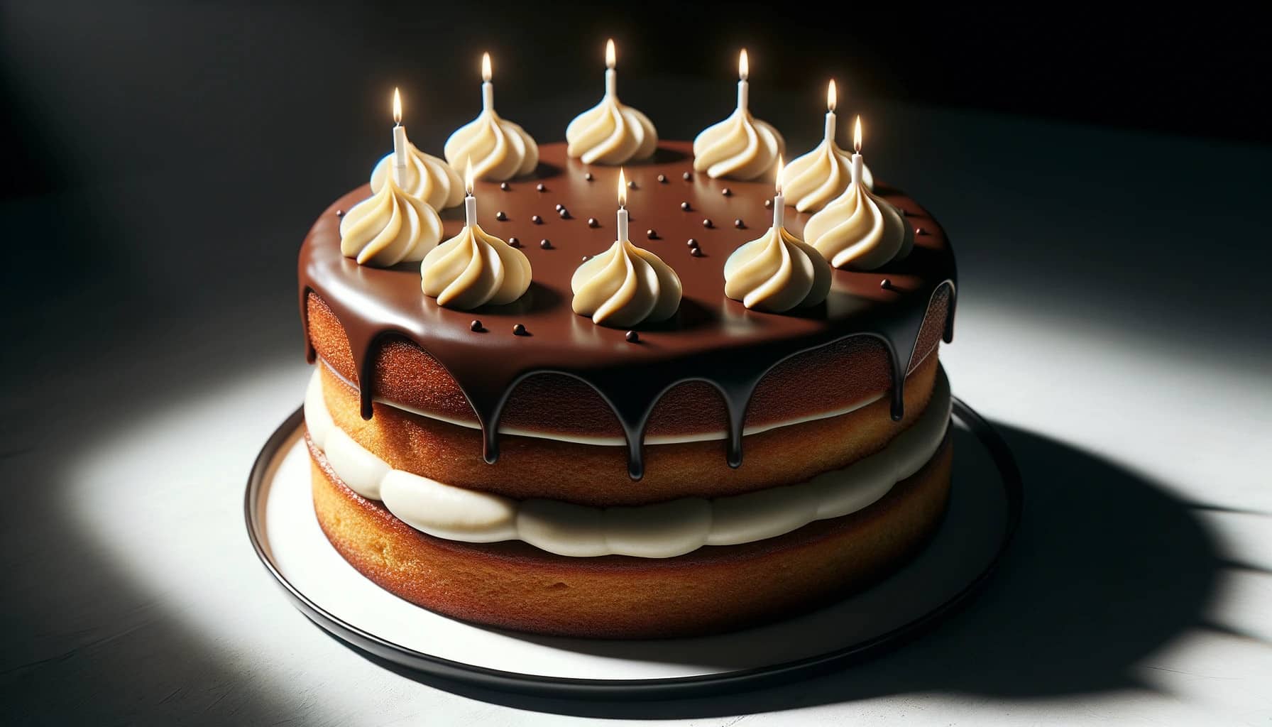 A classic coconut flour birthday cake topped with a sugar-free chocolate glaze. The cake sits on a plate.
