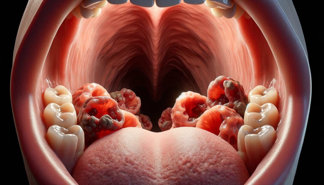 A close-up view of a tonsil, with visible tonsil stones lodged. The tonsil's flesh is reddish-pink, and the stones stand out in contrast.