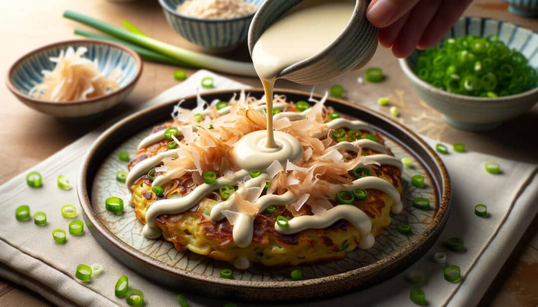 A culinary scene focusing on the japanese delicacy, okonomiyaki. The savory pancake is placed on a traditional japanese plate, garnished with green onions and bonito flakes. A stream of kenko mayo is being poured over the pancake, its creamy texture contrasting with the crunchy toppings. The fusion of the mayo and the pancake's ingredients promises a harmonious blend of flavors.