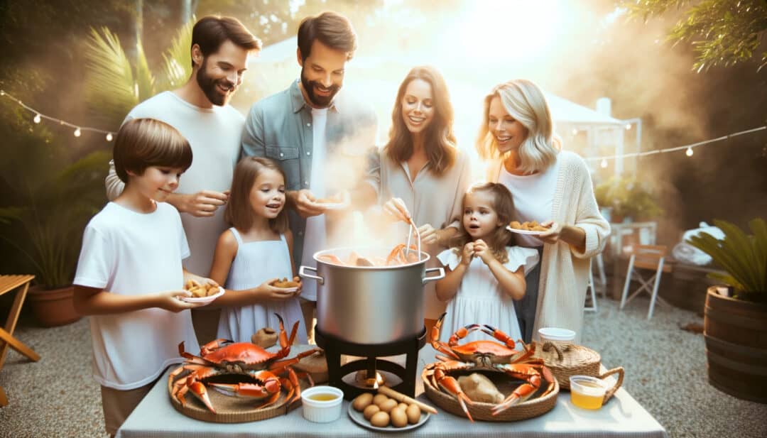 Family in an outdoor setting, with a crab boil setup