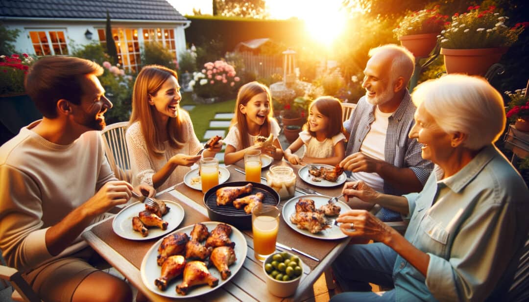 Photo of a family sitting outdoors on a patio during sunset, enjoying bbq grilled chicken thighs. The golden hour light bathes the scene, making the chicken look even more appetizing. Parents, grandparents, and children are all engaged in cheerful conversation, with plates filled with food.