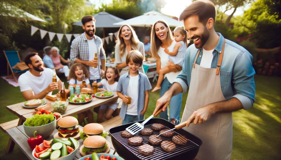 A father standing by a grill, flipping burgers with a spatula, while children and family members gather around, laughing and talking
