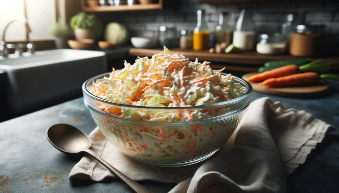 A glass bowl filled with crispy coleslaw, set against a kitchen backdrop. The creamy dressing is mixed well with the cabbage and carrots, making it look rich and mouth-watering. The ambient lighting of the kitchen enhances the textures and colors of the coleslaw, and a spoon rests beside the bowl, ready for serving.
