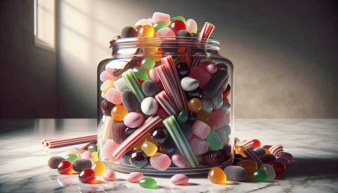A glass candy jar filled to the brim with a mix of sugary treats like jelly beans, licorice, and hard candies. The jar sits on a marble countertop.