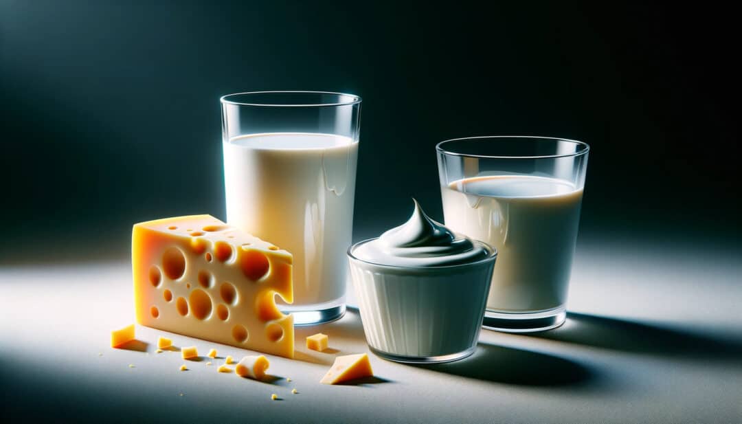 A glass of milk, a slice of cheese, and a cup of yogurt. Each of them has left residues on the surface they're placed upon.