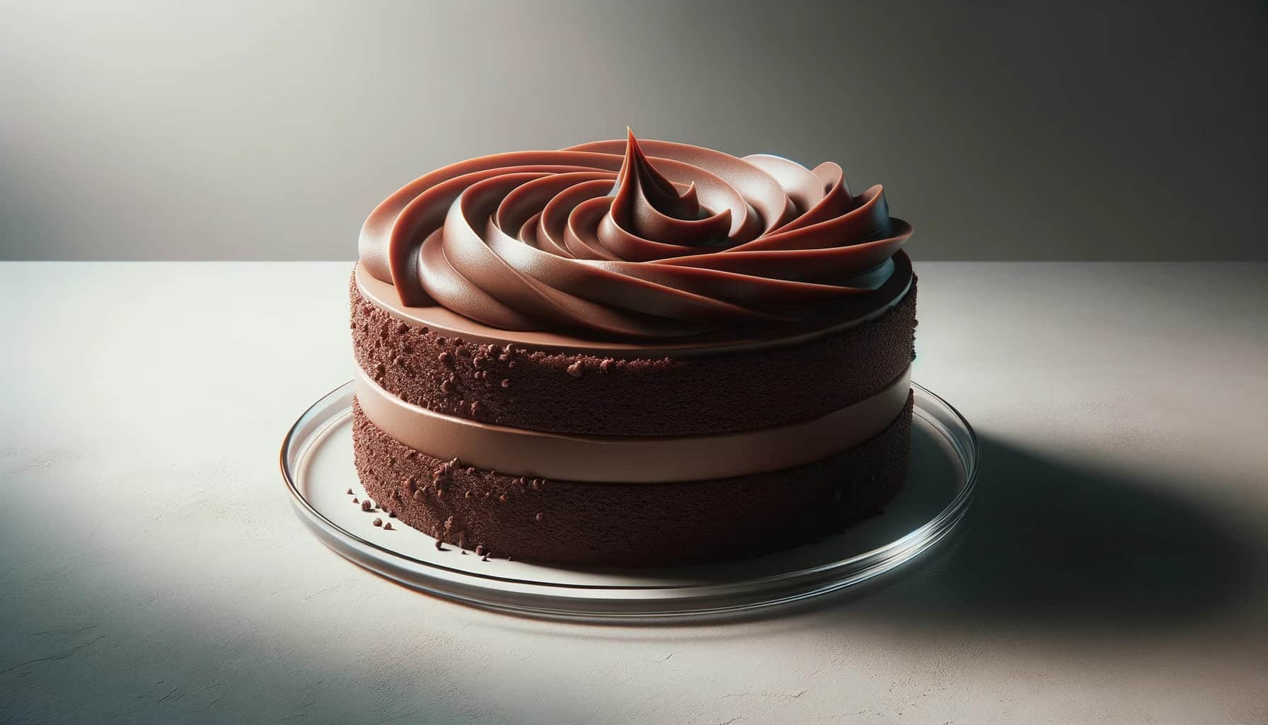 A healthy chocolate cake, elegantly plated on a glass dish, set against a neutral backdrop. The cake has a luscious chocolate color, complemented by a velvety frosting.