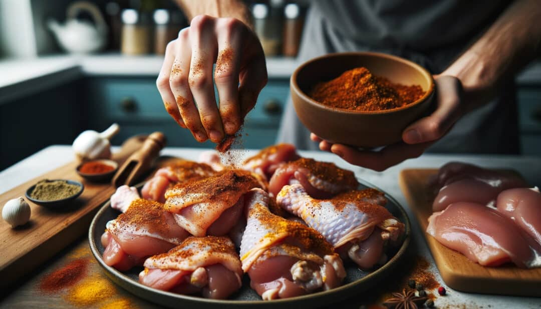 A kitchen counter where bone-in chicken thighs are being prepared. A hand is seen generously applying the dry rub from a small bowl to the chicken. The marinated chicken pieces are placed on a plate, ready to be refrigerated for overnight marination.