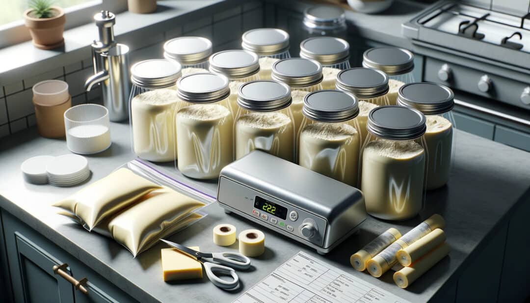 A kitchen counter where several airtight seals filled with powdered butter are being prepared for long-term storage. A label maker, some labels, and a sealing machine are also visible. The scene is lit by ambient kitchen lighting, showcasing the detailed textures of the materials and the butter powder's true-to-life color.