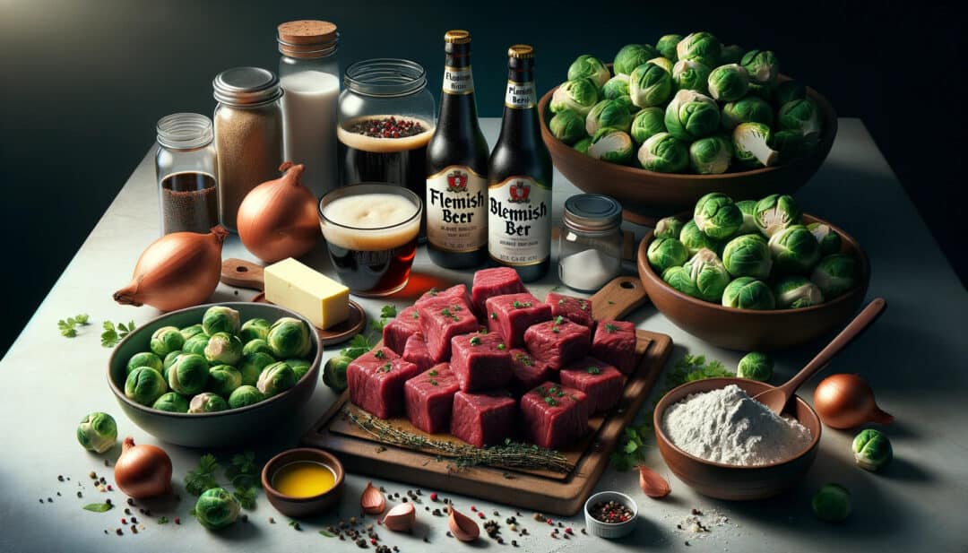 A kitchen countertop set with all the ingredients for a flemish beer stew with brussels sprouts. Front and center are 2 lbs of beef chuck cut into 2-inch cubes, seasoned with salt and black pepper. To the side, a bowl holds 3 tbsp of all-purpose flour. Melted butter glistens in a small dish, next to thinly sliced onions and minced garlic cloves. A bottle of dark belgian beer stands tall beside a container of beef stock. Small dishes hold brown sugar, apple cider vinegar, fresh thyme leaves, and bay leaves. On a cutting board, 1 lb of halved brussels sprouts await cooking. To finish, a sprinkle of fresh chopped parsley is ready for garnish.