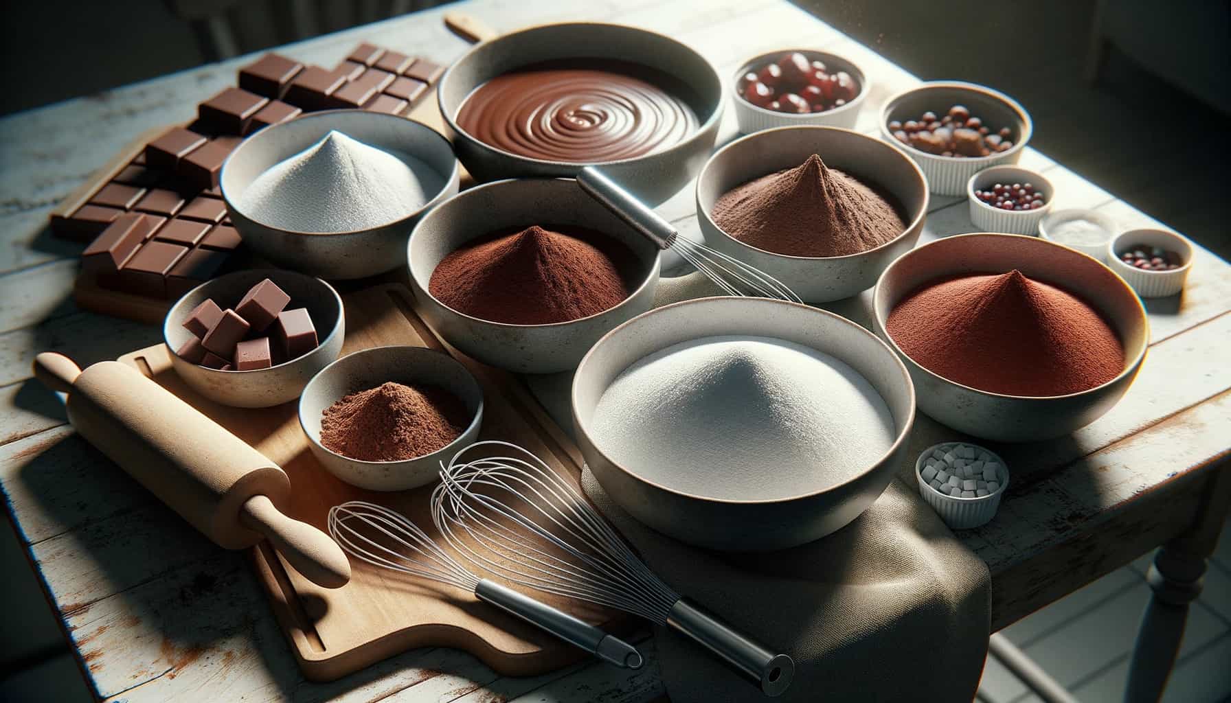A kitchen setup where a sugar-free chocolate cake is being made. On the countertop, there are bowls containing various amounts of sweetener and cocoa powder. A whisk and a spatula are present, indicating experimentation with the mixtures.