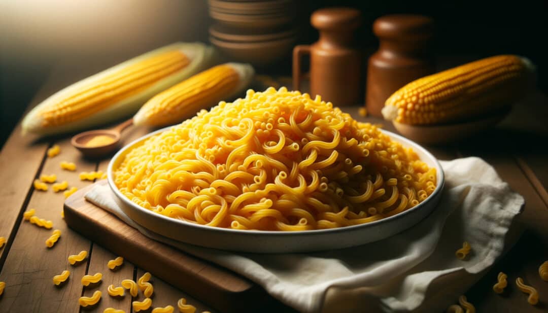 A plate filled with corn-based pasta, glistening under soft lighting.