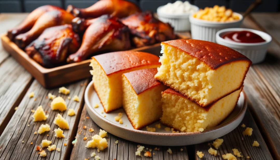 Photo of a plate holding slices of fluffy cornbread, golden brown on the outside and soft on the inside. The cornbread is positioned on a rustic wooden table with crumbs scattered around, emphasizing its crumbly texture. In the background, there's a platter of succulent bbq chicken thighs, showcasing the ideal pairing for a southern-style feast.