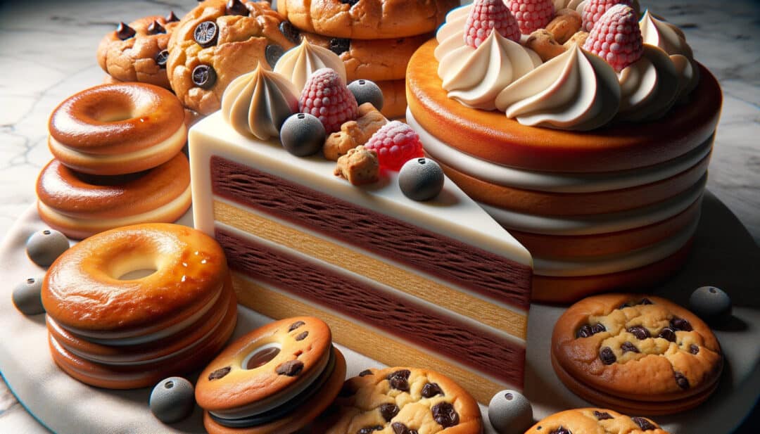 A selection of baked goods. A slice of velvety cake with layers of cream, cookies with a perfect golden hue, and pastries oozing with fillings are captured in exquisite detail.