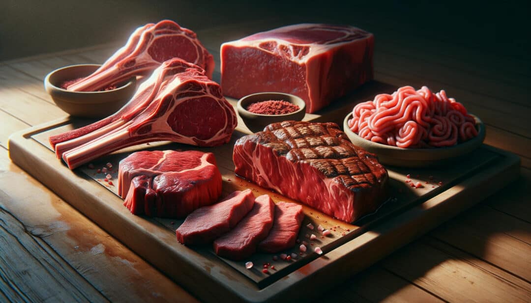 A selection of red meats including steak, lamb chops, and ground beef, displayed on a wooden cutting board.