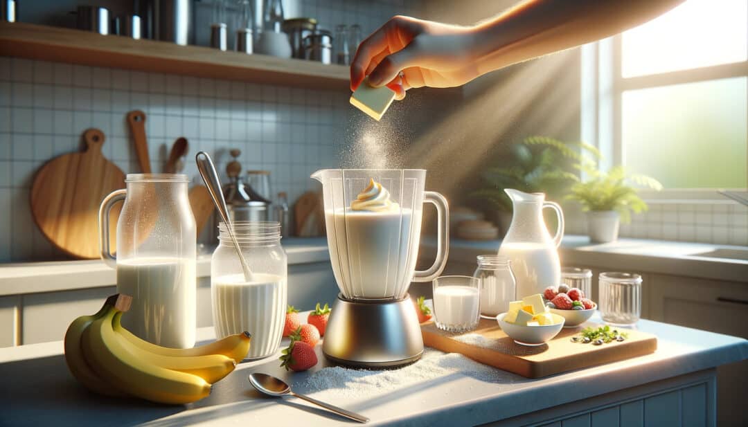 A sunlit kitchen, showing a hand sprinkling butter powder into a creamy milkshake mixture in a glass blender. The counter displays other ingredients like fresh milk, ice, and a spoon