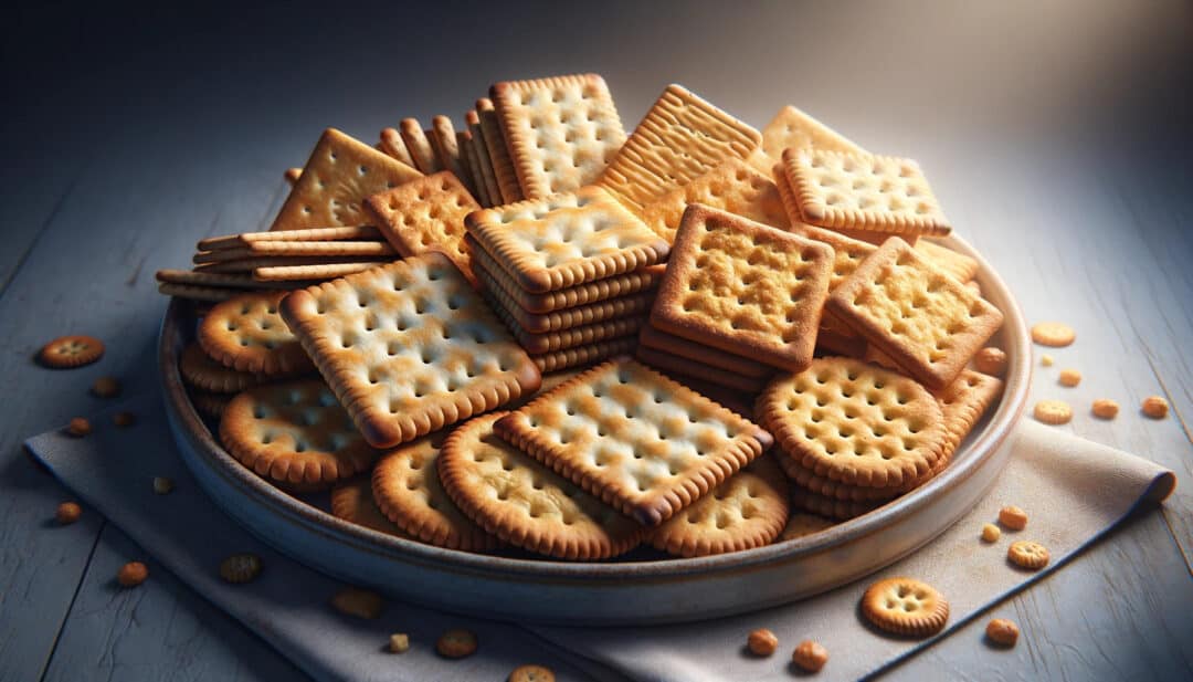 A variety of crackers arranged on a ceramic platter. The assortment includes whole grain crackers, water biscuits, and cheese crackers.