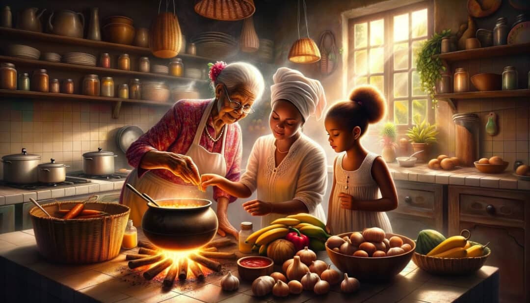 A warm kitchen filled with the aroma of traditional guyanese cuisine. The grandmother, the torchbearer of the family's culinary