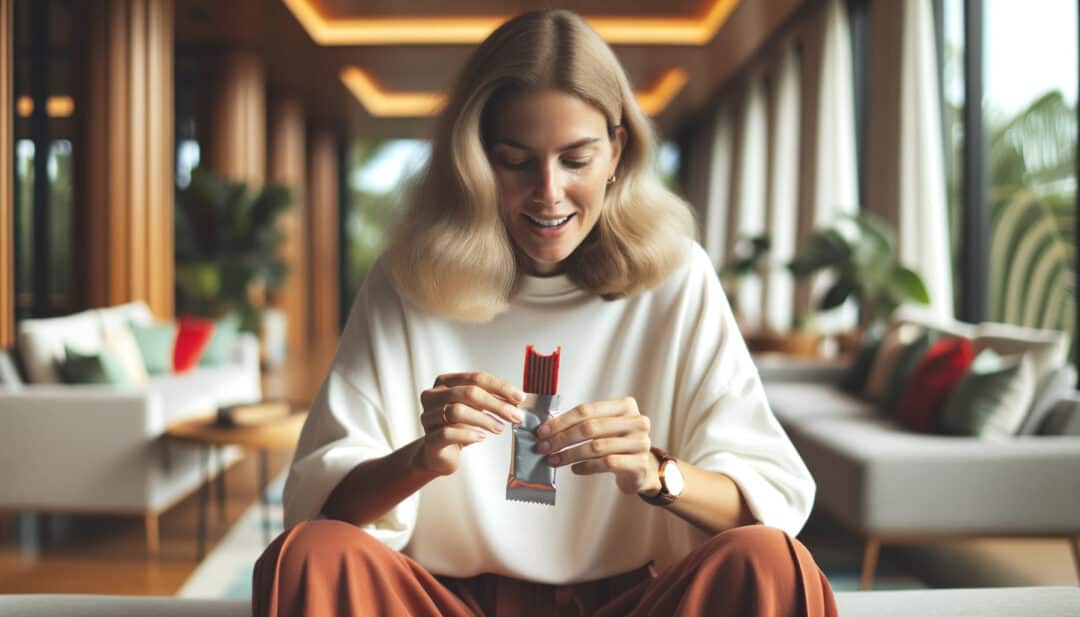 A woman in casual attire, unwrapping and eating a fruit roll-up in a modern living room setting