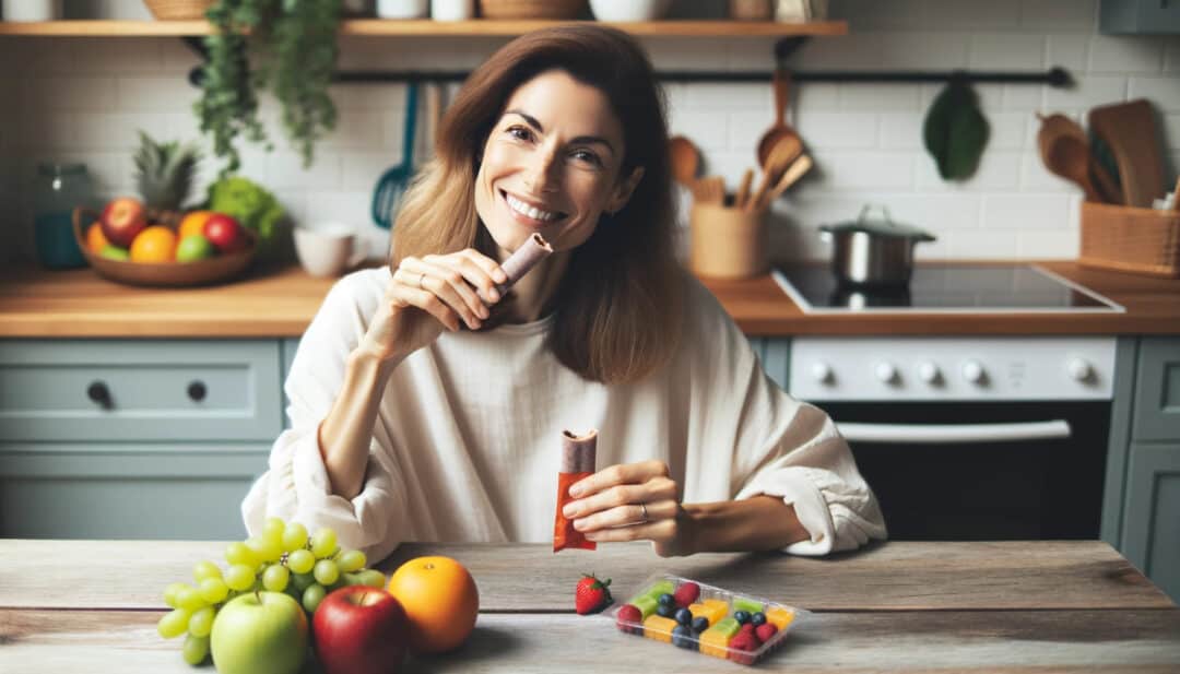 A woman eating a fruit roll up