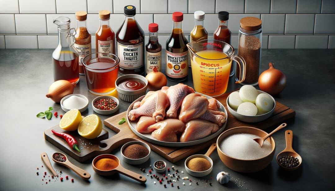 Photo of a modern kitchen setting with all the bbq chicken ingredients organized neatly. Boneless chicken thighs are placed on a plate, with other chicken options around. Nearby, there's a glass measuring cup filled with homemade bbq sauce, bottles of apple cider vinegar and worcestershire sauce, a lemon cut in half, and bowls of spices like chili powder and cayenne pepper. The brown sugar substitute and black pepper are in small dishes, and optional sliced onions are on a chopping board. A jug of chicken broth and a spoon of cornstarch slurry are also visible.