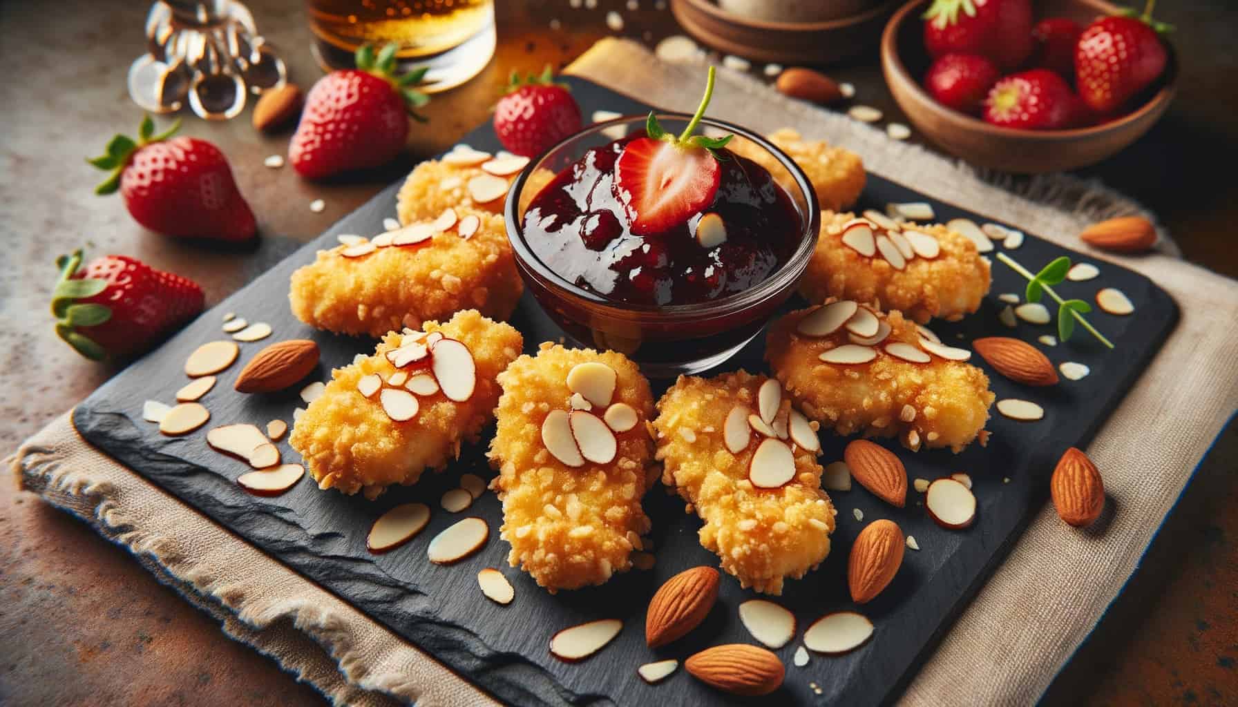 Almond encrusted chicken nuggets served on a slate platter. The chicken nuggets are golden and crunchy due to the almond crust, and they're paired with a strawberry balsamic sauce that glistens in the light. The sauce is presented in a small glass dish on the side, and some of it is artistically smeared on the slate.