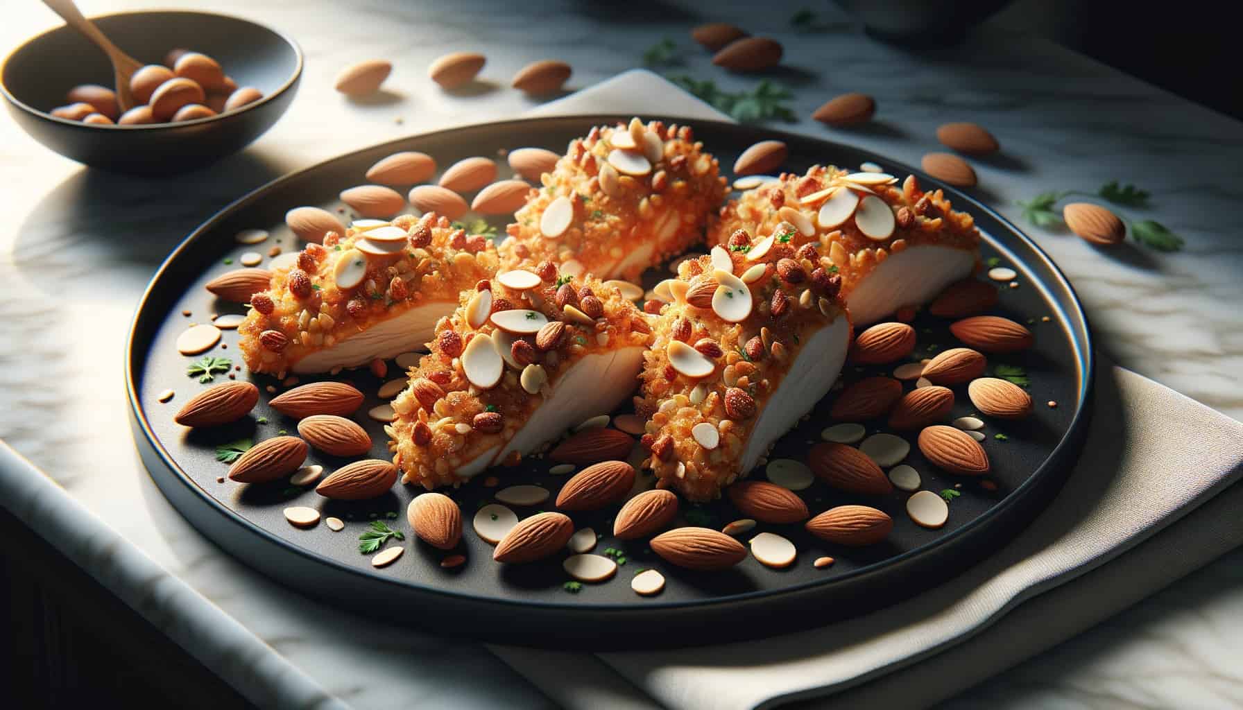 Almond-encrusted chicken pieces arranged on a sleek black plate. The almonds make the chicken crunchy, and the plate is garnished with fresh herbs.