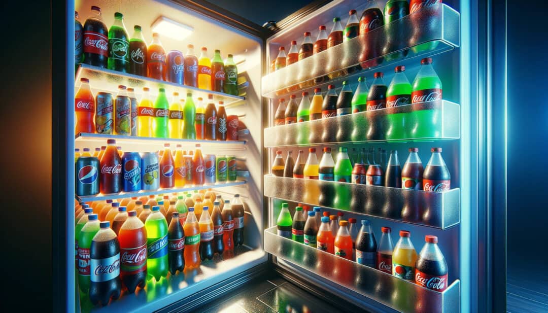An open refrigerator door showcasing shelves filled with various soft drinks, all emphasizing their high sugar content on their labels. The interior light illuminates the drinks.