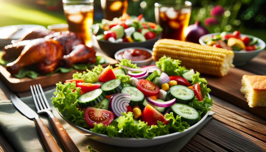 Photo of an outdoor dining scene with a plate of fresh garden salad placed prominently on a wooden table. The sunlight enhances the colors of the vegetables, making them look even more appetizing. Surrounding the plate are dishes of bbq chicken thighs, cornbread, and cold beverages, setting the scene for a summer barbecue feast.