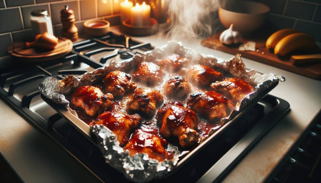 A baking tray straight out of the oven with sizzling bbq chicken thighs. The aluminum foil on the tray has some sauce drippings, and steam rises from the hot chicken.