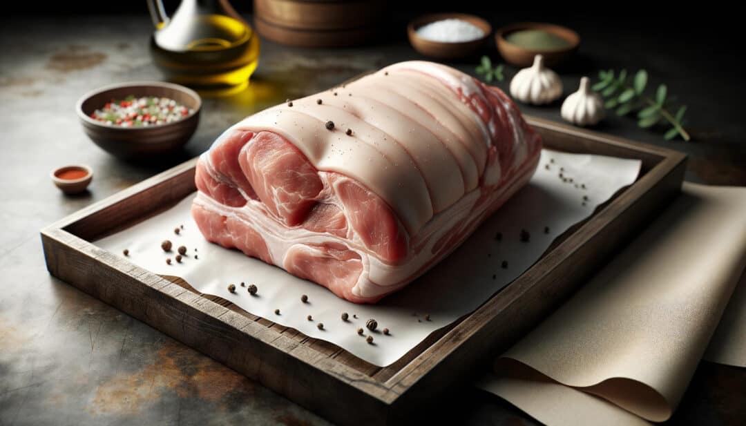 Boneless pork shoulder resting on a parchment paper-lined tray. The pork is uncooked