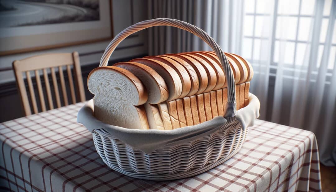 A bread basket filled with slices of white bread, set on a dining table with a checkered tablecloth. The bread's texture, from its soft center to its slightly crusty edges.