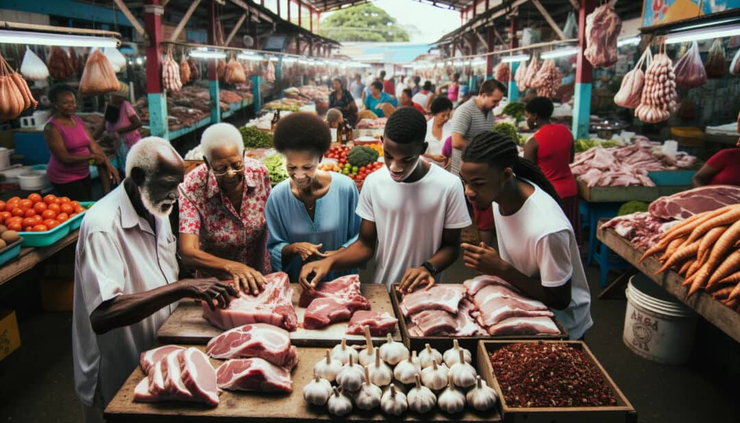 Bustling family scene in a local guyanese market