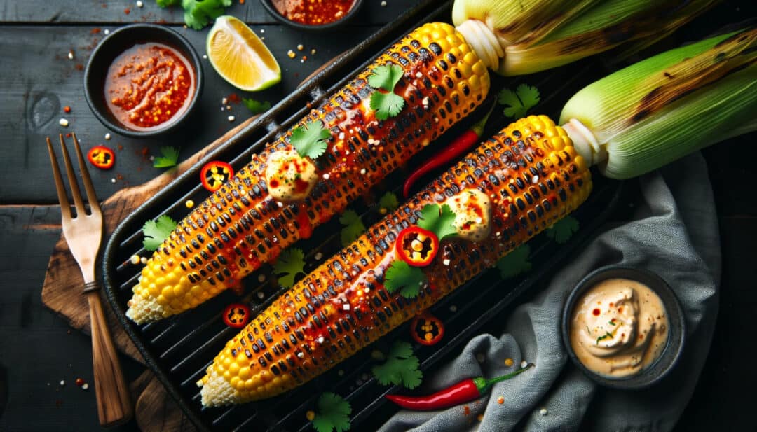 Charred corn on the cob brushed with chili butter
