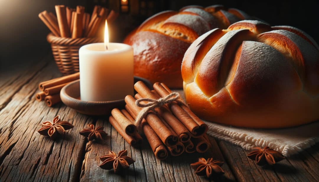 Cinnamon sticks on a rustic wooden table with a freshly baked sweet bread loaf nearby. The warm glow of candlelight illuminates the scene.