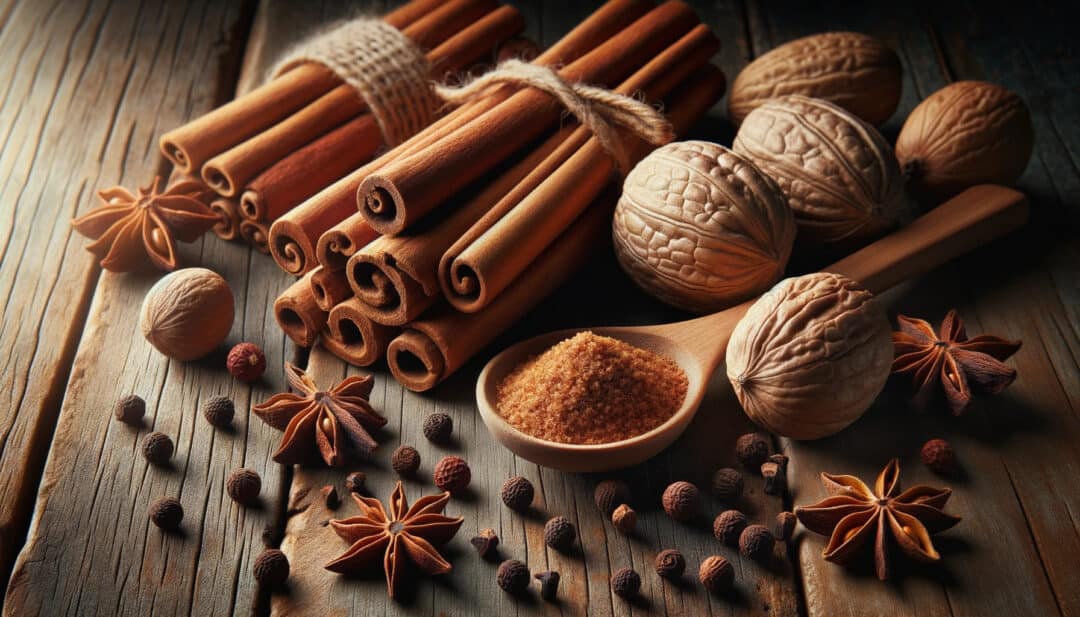 Cinnamon sticks, whole nutmeg, and whole cloves on a rustic wooden table.