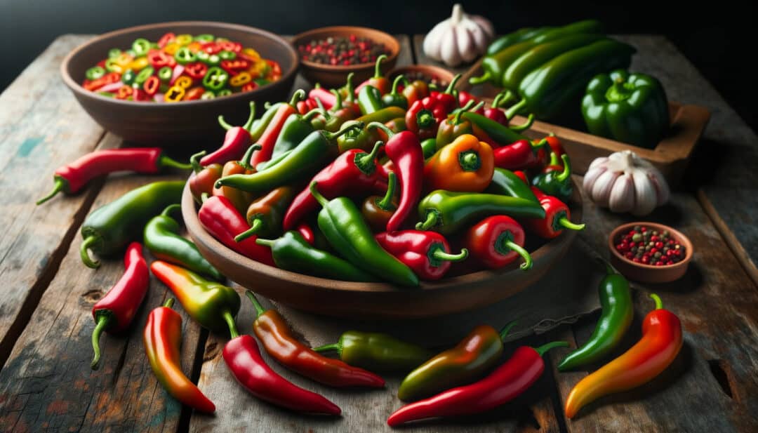 Capsicum peppers, known as pimento or seasoning peppers, arranged on a rustic wooden table. Nearby, traditional trinidadian dishes infused with these peppers are displayed.