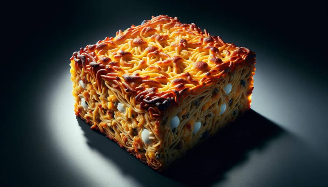 Freshly baked kugel, a classic jewish dish made from egg noodles, eggs, and a mix of fillings.