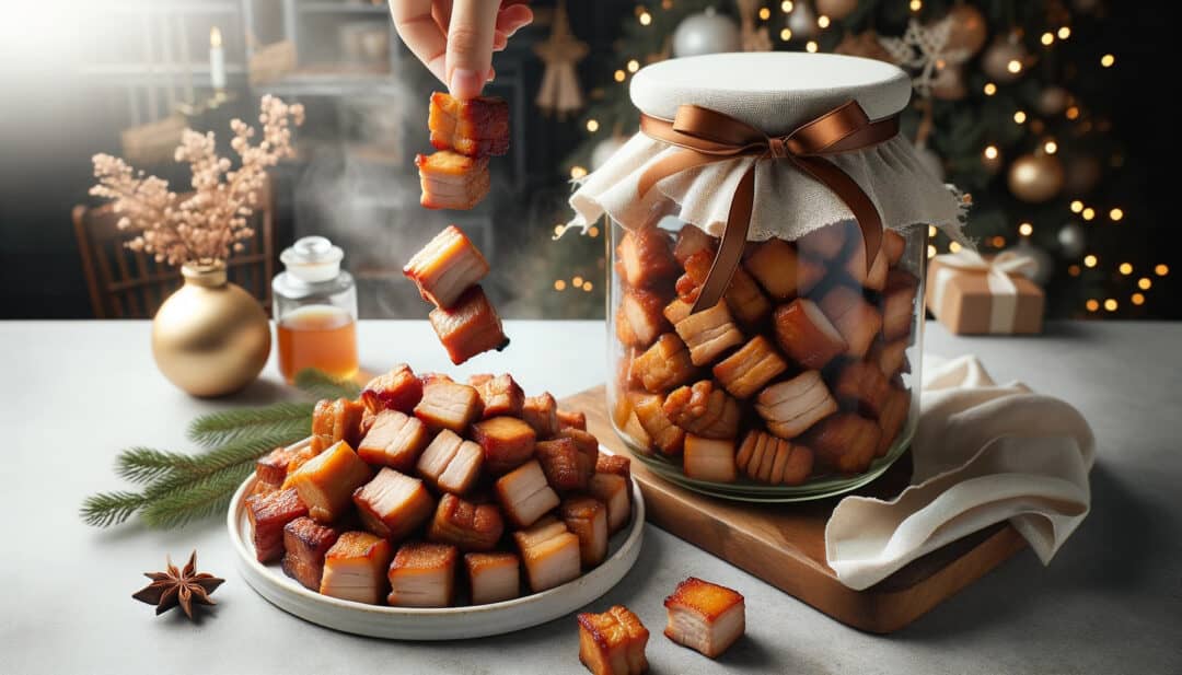 Freshly cooked pork cubes are being served. Some of the golden brown pork pieces are placed on a white ceramic plates