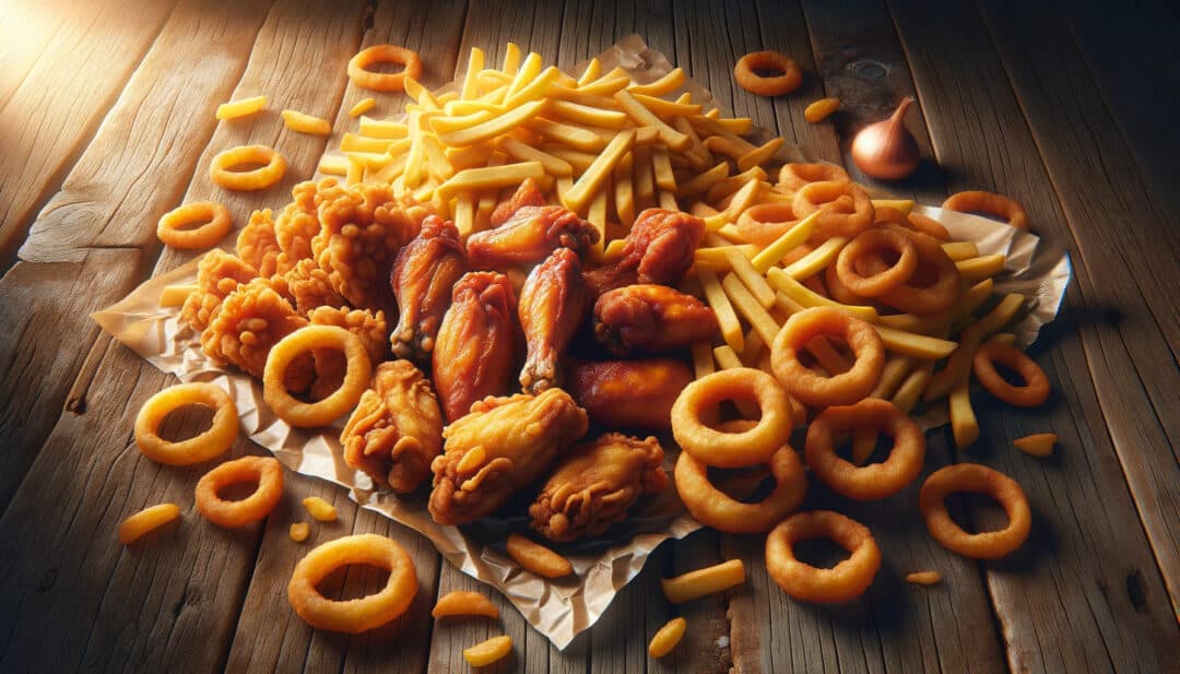 A variety of fried foods spread out on a rustic wooden table. The assortment includes crispy chicken wings, golden-brown french fries, and onion rings.