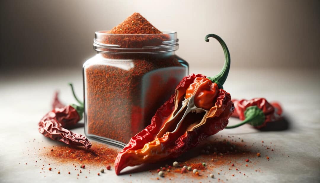 Glass jar filled with spicy chili powder and a dried ghost pepper resting beside it. The particles of the chili powder 1