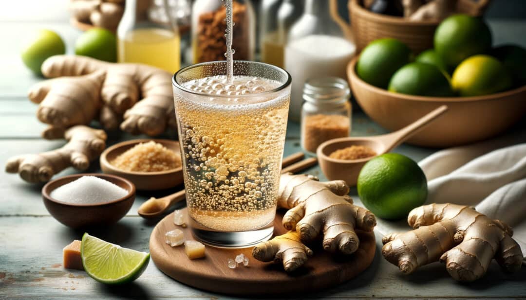 Trinidad homemade ginger beer, its bubbles and clarity evident. Surrounding the glass are ingredients like ginger roots, sugar, and lime slices. The backdrop is a kitchen setting, capturing the essence of homemade preparation.