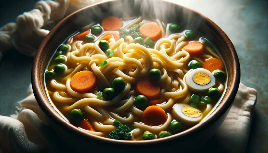 Gluten-free egg noodles submerged in a rich vegetable broth. The noodles are finely chopped with vegetables like carrots, peas, and beans. The steam rising from the soup indicates its warmth and freshness.