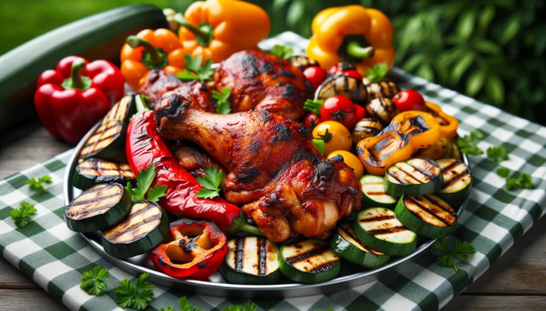 Grilled bbq chicken thighs served on a platter, surrounded by grilled vegetables like bell peppers and zucchinis. The entire setting is outdoors, with a picnic tablecloth.