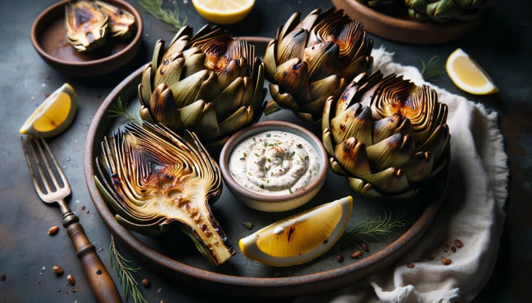 Grilled artichokes: paired with a lemon-aioli dip