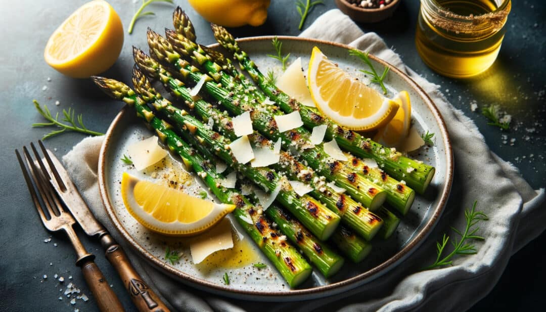 Grilled asparagus topped with parmesan and lemon zest.