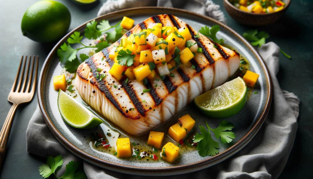 Grilled halibut: topped with a mango salsa