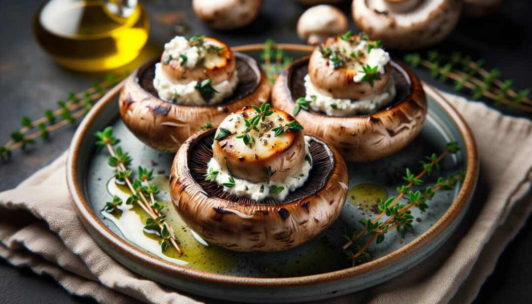 Grilled mushroom caps: stuffed with goat cheese and herbs