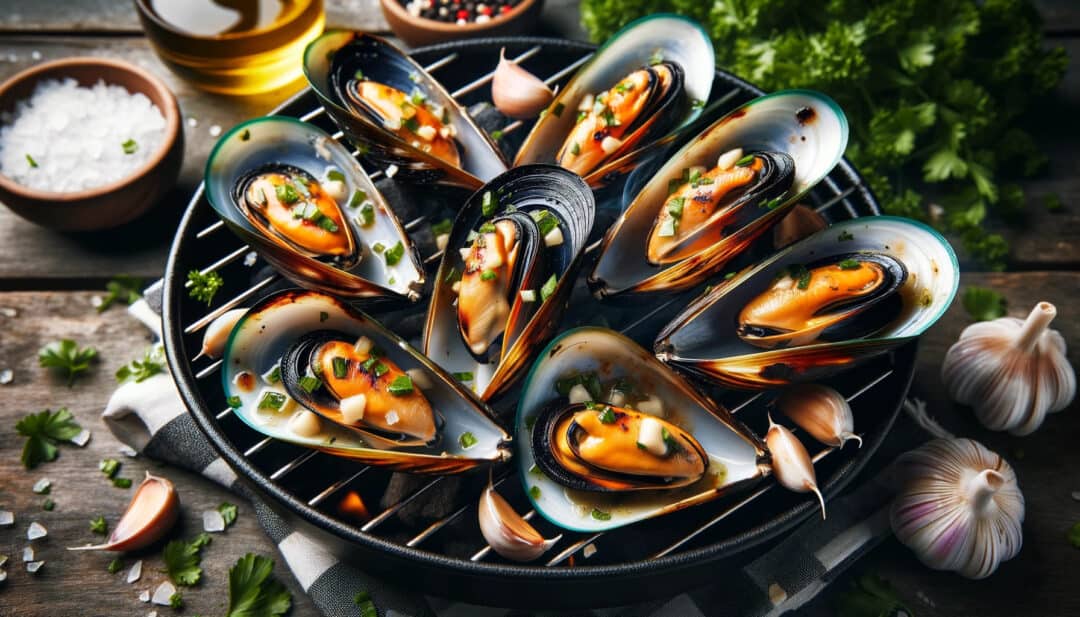 Grilled mussels: in a white wine and garlic sauce